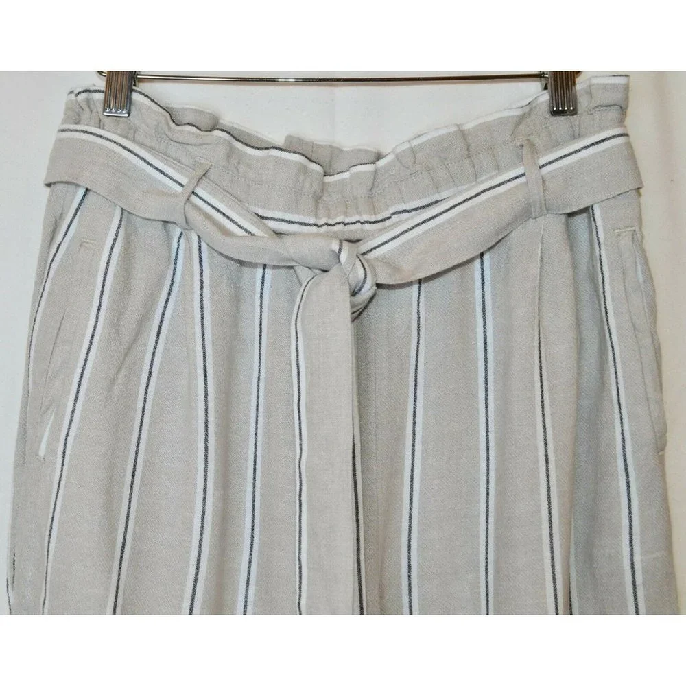 H&M Striped Linen Blend Paperbag Pants Striped Grayish Beige Size 6